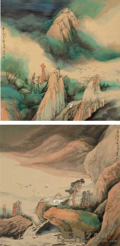 晏明 唐人诗意图 镜心 39×39cm×2